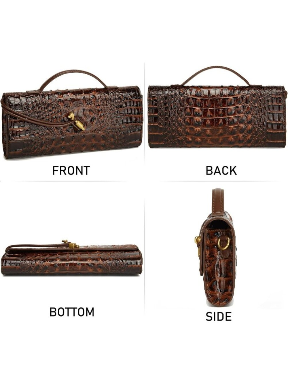 Women's Oil Brown Vegan Leather Clutch Purse Crocodile Evening Crossbody Bag - Picture 3 of 6